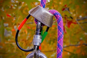 A close-up view of climbing equipment, featuring a metallic belay device attached to a sturdy rope and a carabiner. The background is blurred, with autumn-colored leaves visible.