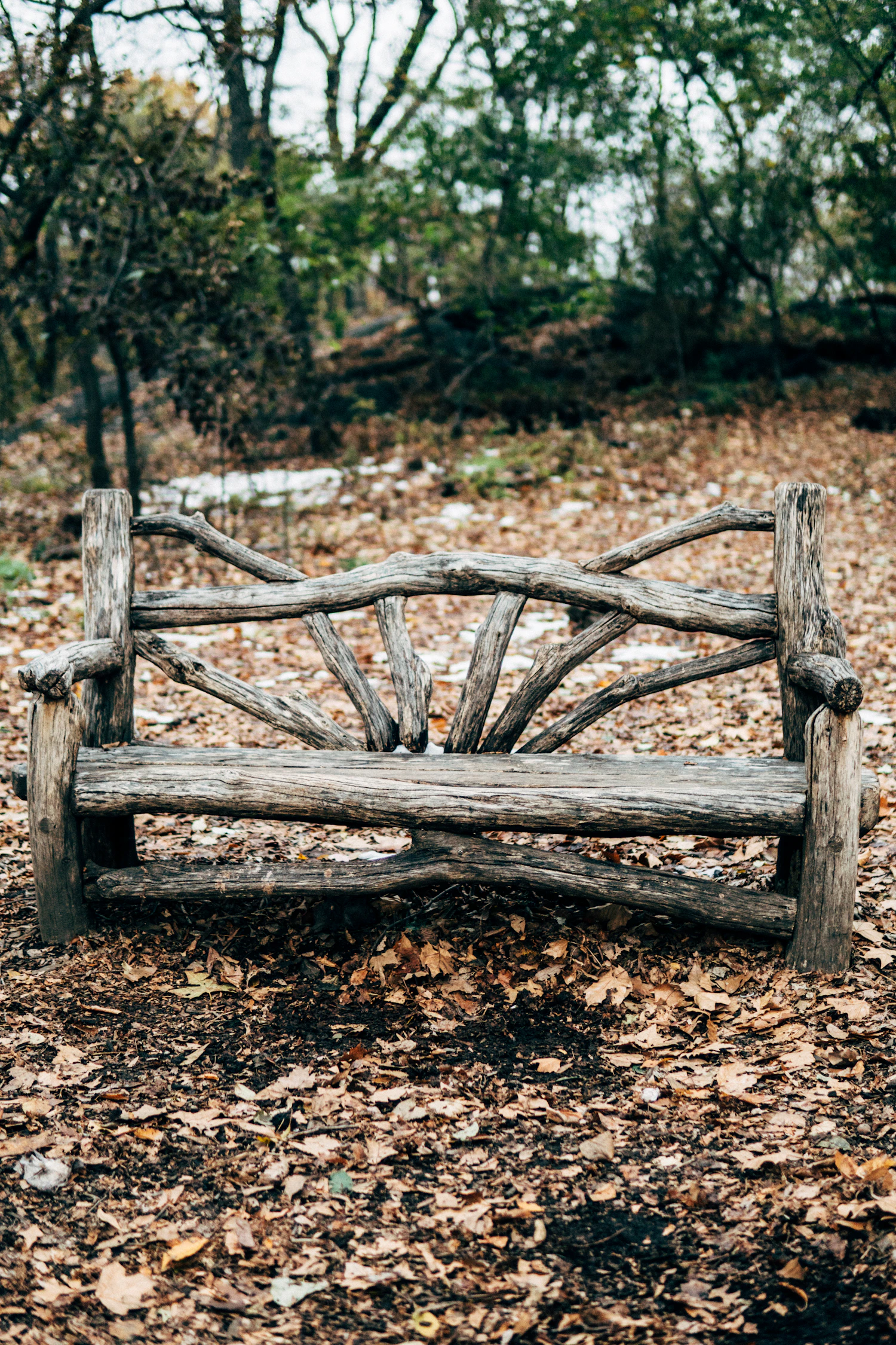 An empty rustic wooden bench surrounded by autumn leaves in Central Park