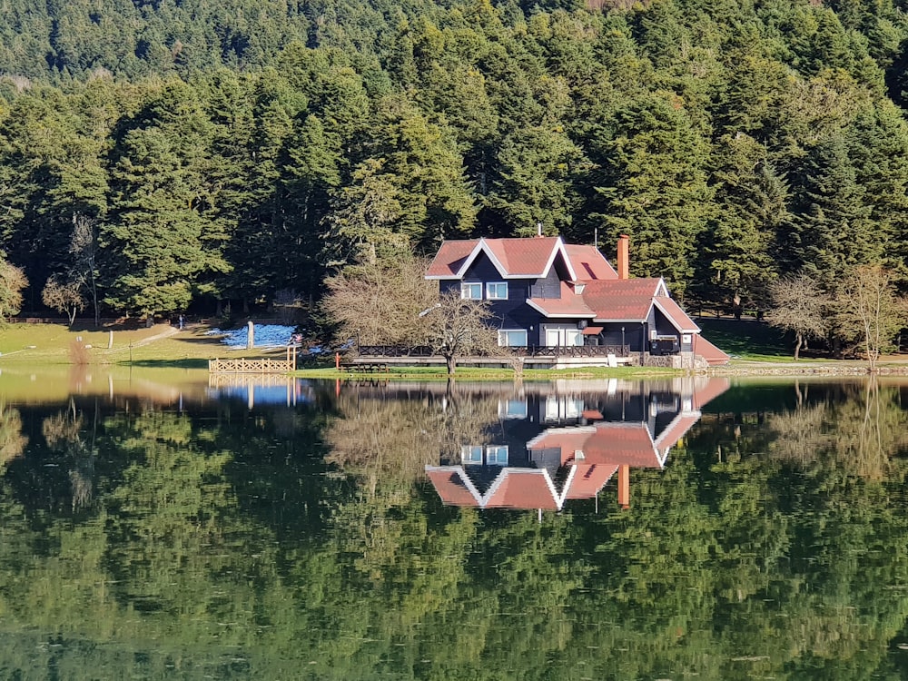 Una casa sentada en la cima de un lago rodeada de árboles