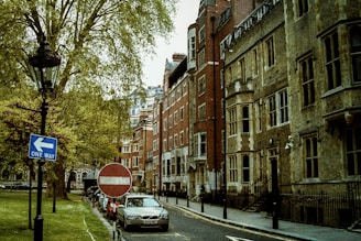 A street with historic brick buildings lining one side and parked cars along the road. Leafy green trees canopy the area, and a lamppost stands next to traffic signs indicating one way and no entry. The atmosphere is serene and urban, capturing the charm of an older city.