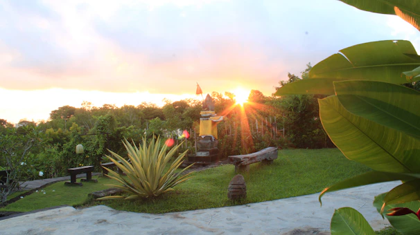A gentle sunset over a peaceful garden where a memorial service is being softly recorded.