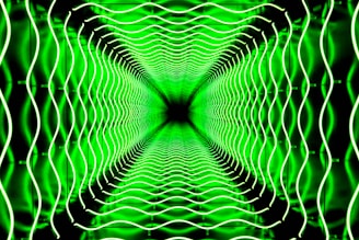 An abstract scene features a symmetrical pattern of wavy neon green lines that create a tunnel effect, invoking a sense of depth and infinity.