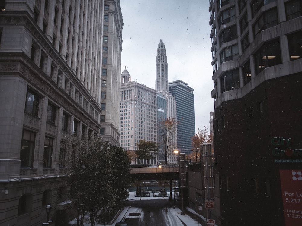 a view of a city street in the snow