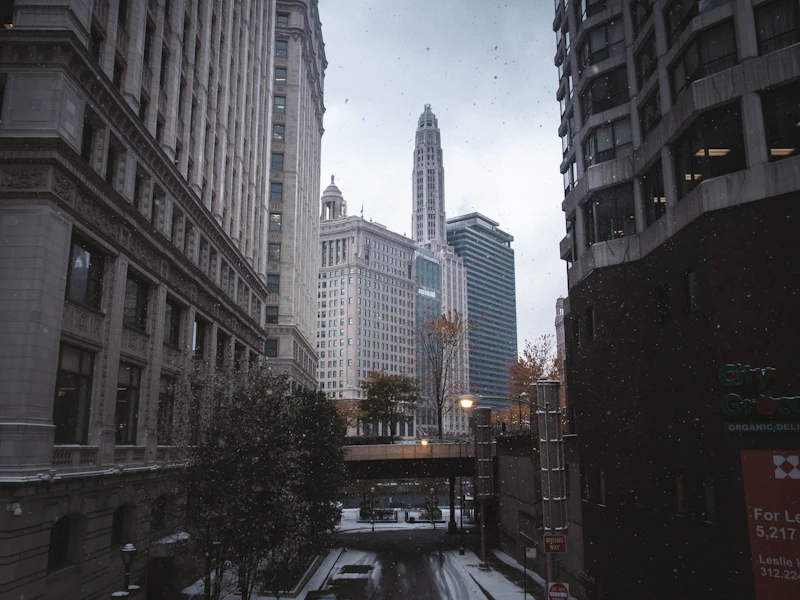 A snowy Chicago street on the first day of snow