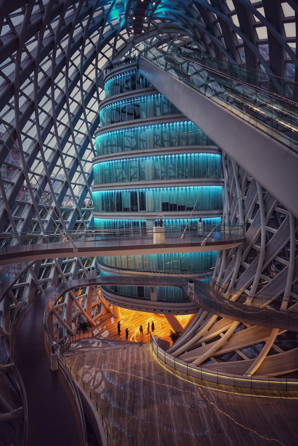 interior view of glass building with metal frame