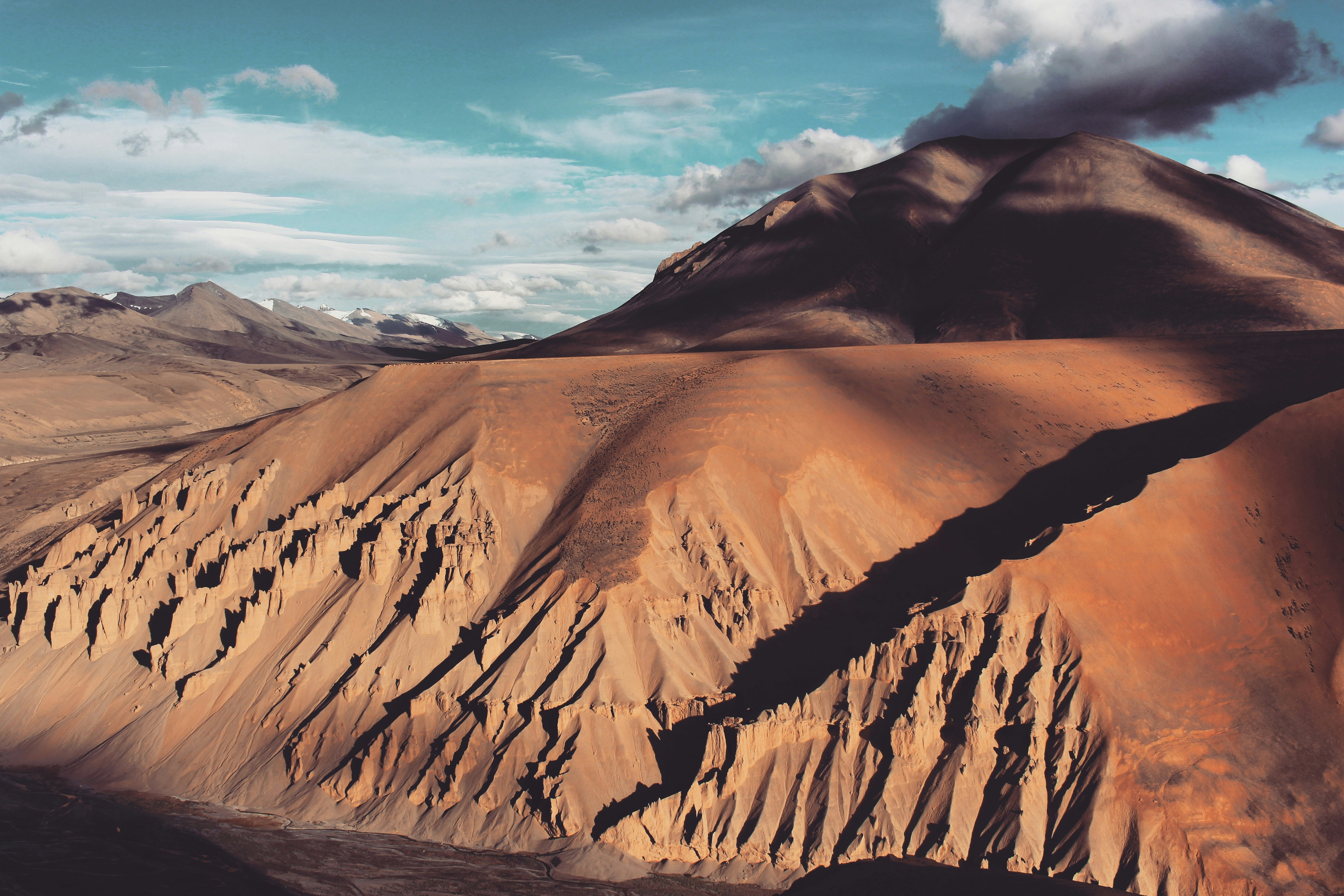 aerial photography of desert under blue and white sky during daytime, Desert mountains in Ladakh, India.