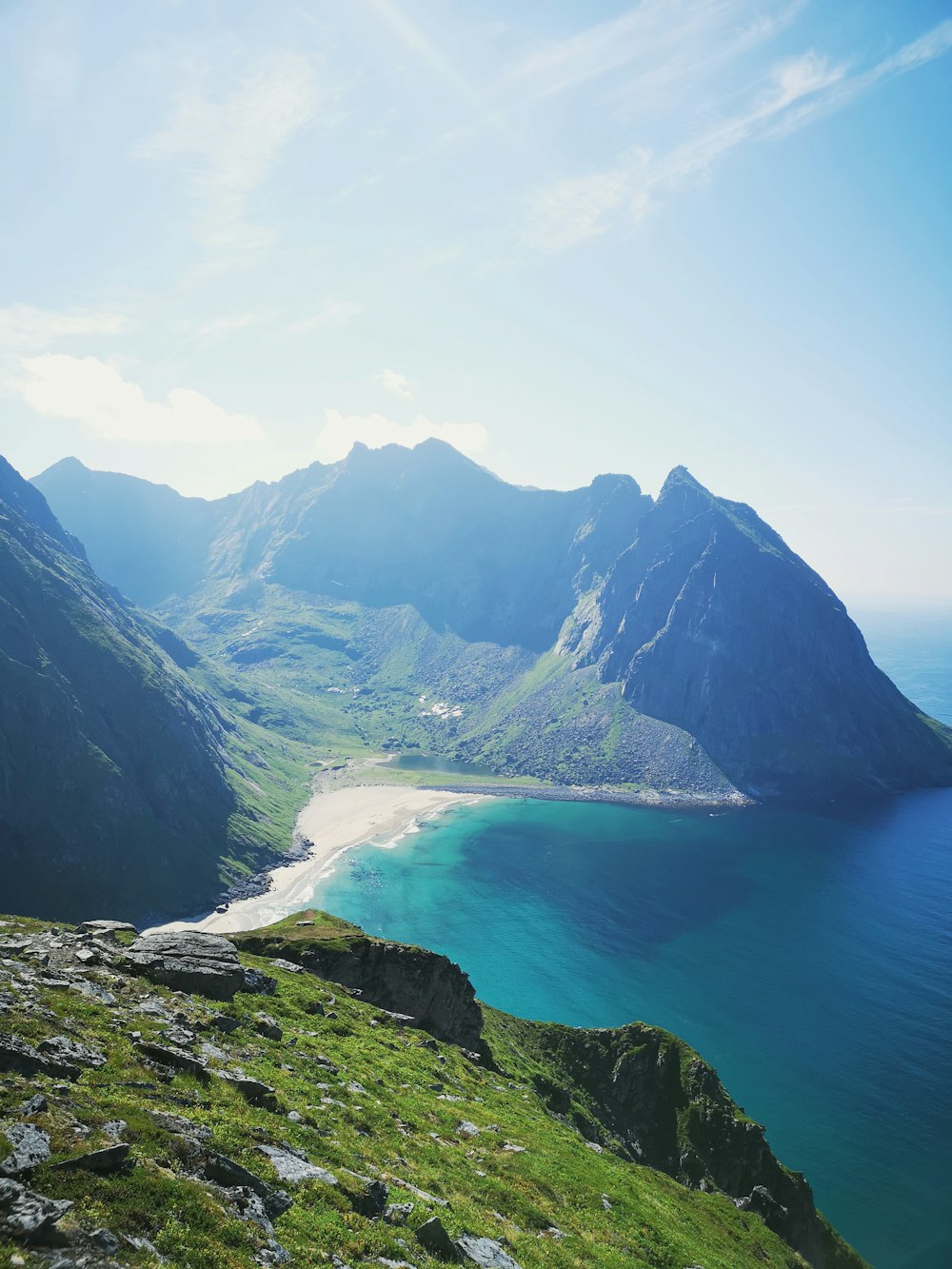 bird's-eye view photo of beach and mountain