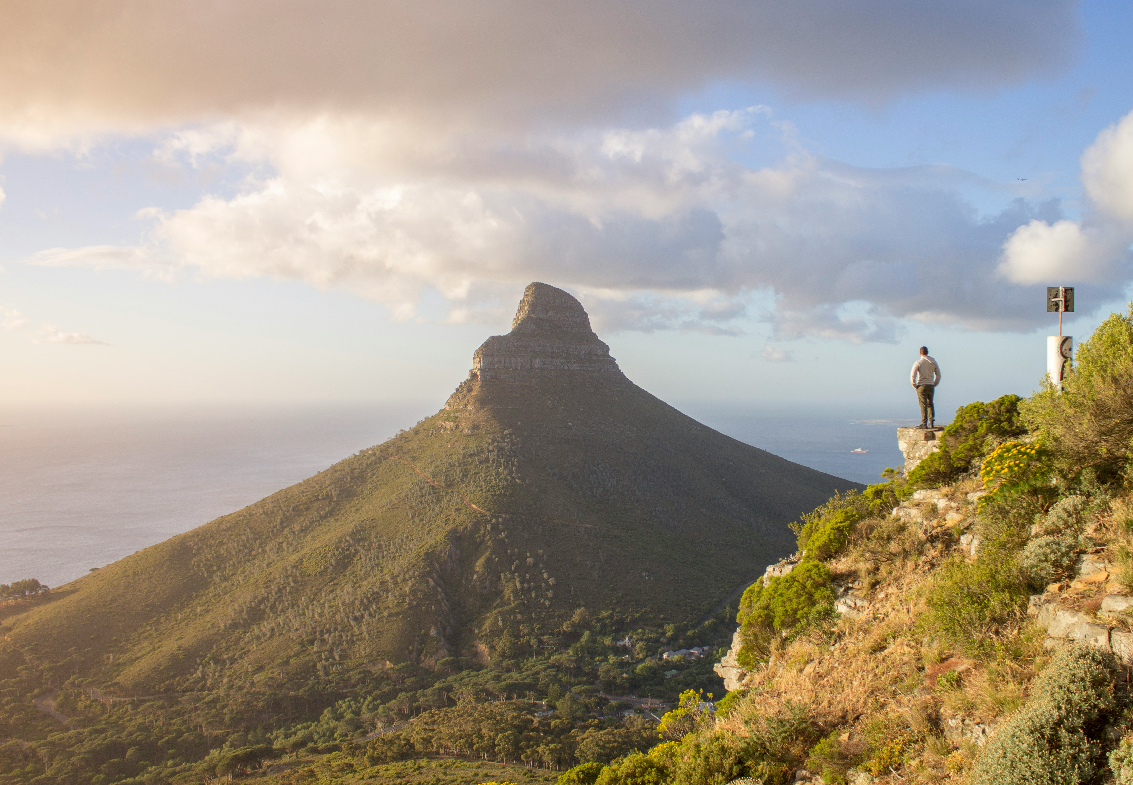 man standing on cliff facing green mountain