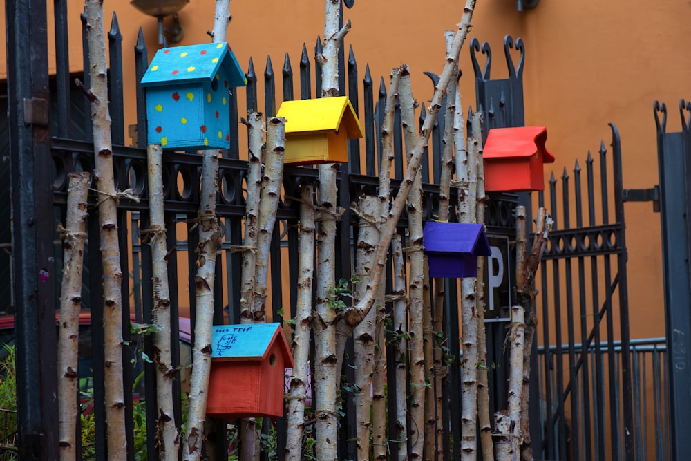 assorted-color birdhouses