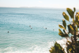 A panoramic shot of Jeffrey's Bay beach with surfers waiting patiently for the next set of waves.