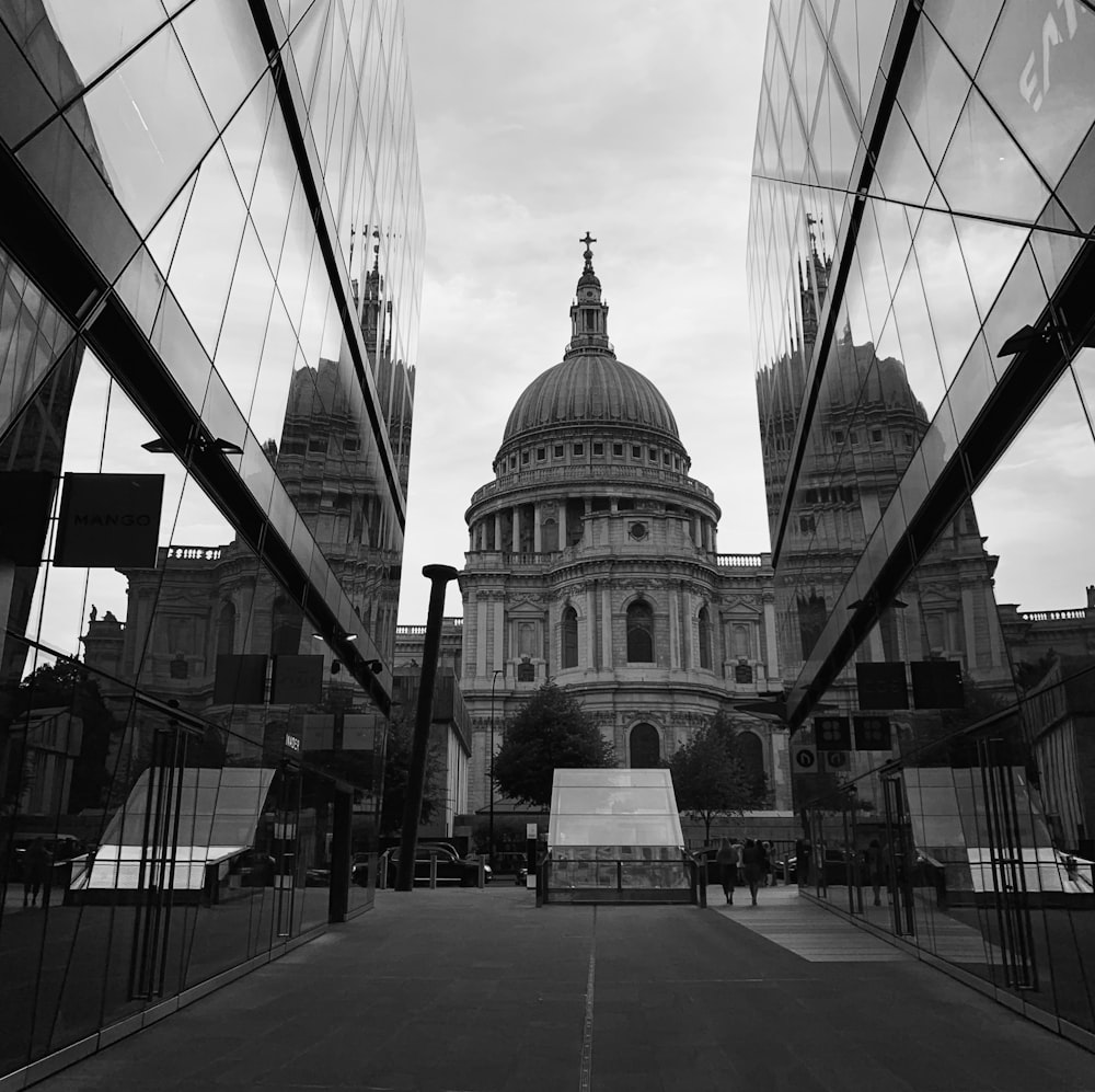 grayscale photography of city building