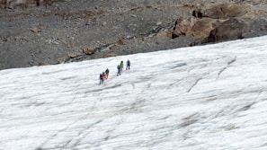 A group of people is trekking across a snowy landscape. They are equipped with climbing gear, likely indicating a challenging hike or mountaineering activity. The terrain is a mixture of ice and rock, with a rugged area visible in the background.