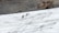 A group of people is trekking across a snowy landscape. They are equipped with climbing gear, likely indicating a challenging hike or mountaineering activity. The terrain is a mixture of ice and rock, with a rugged area visible in the background.