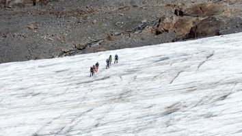 A group of people is trekking across a snowy landscape. They are equipped with climbing gear, likely indicating a challenging hike or mountaineering activity. The terrain is a mixture of ice and rock, with a rugged area visible in the background.