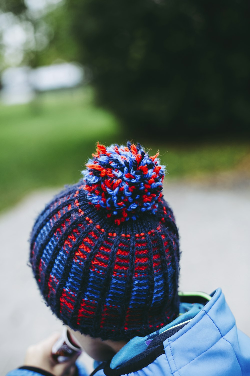 blue and red bobble hat