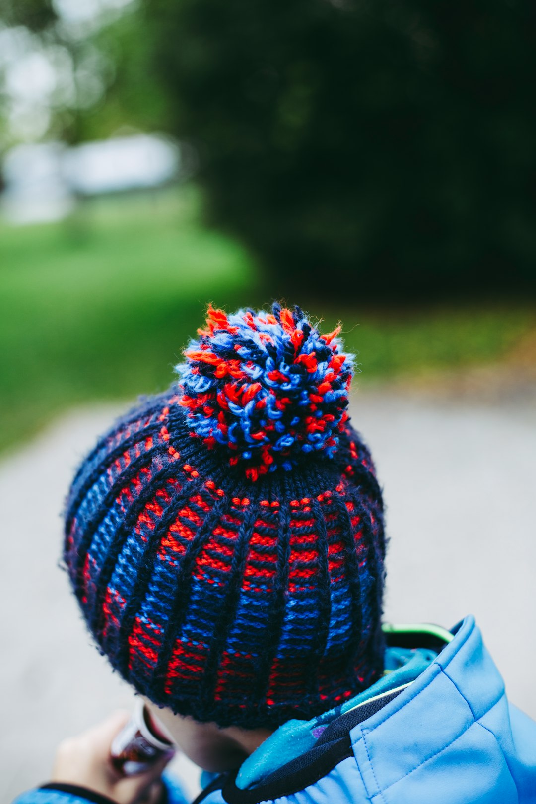 blue and red bobble hat