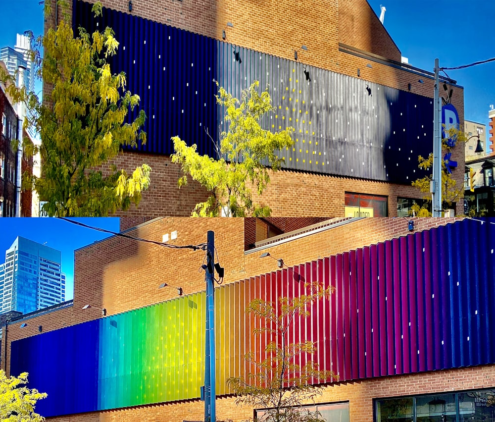 multicolored buildings near trees collage