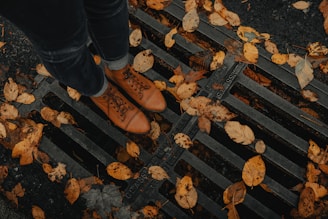 Timberland boots on a gritty urban stairway with autumn leaves