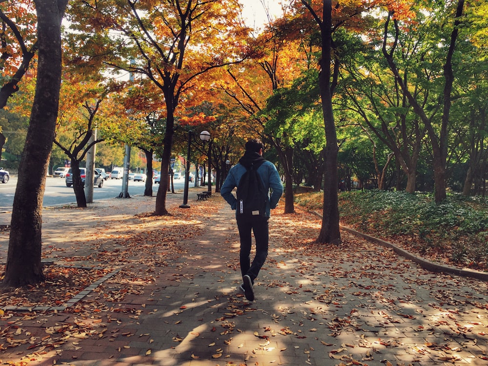 man walking on sidewalk surrounded by trees