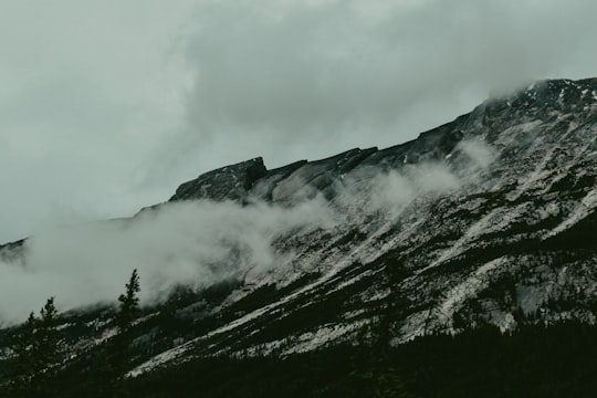 snow-covered mountain under white clouds in Icefields Parkway Canada