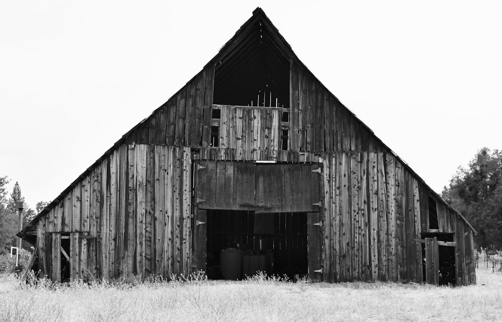 grayscale photography of barn