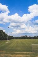 green soccer field surrounded with tall and green trees under white and blue sky during daytime