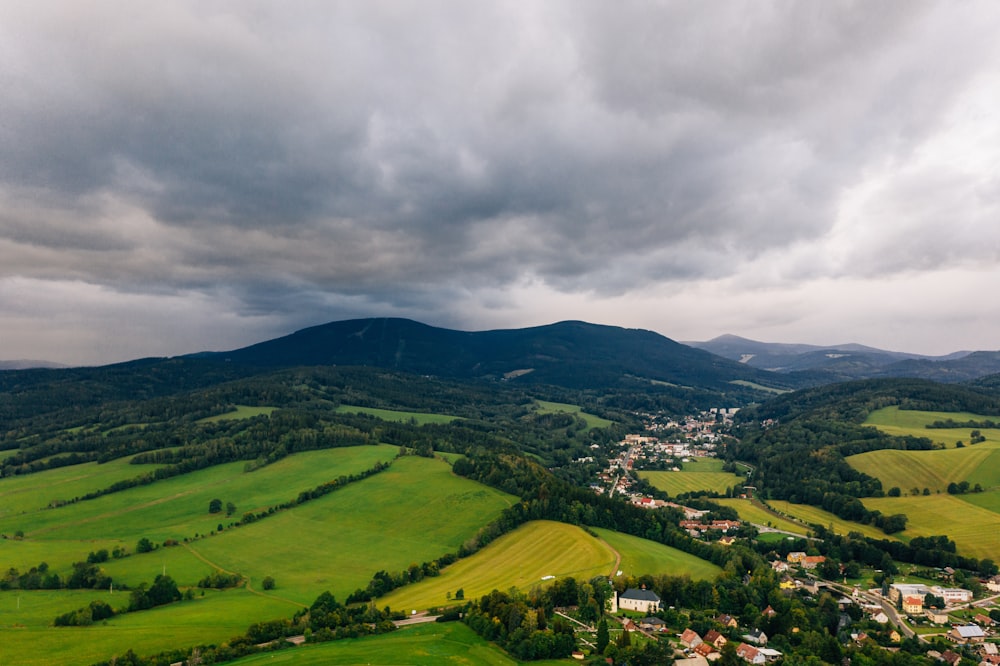 Luftaufnahmen von Häusern, die tagsüber unter bewölktem Himmel von Bäumen umgeben sind