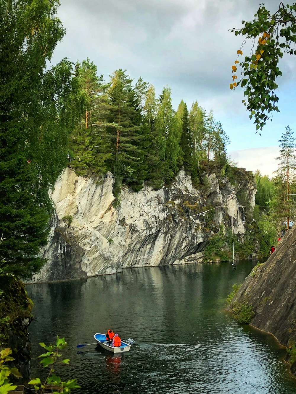 two person riding white boat on river