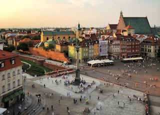 aerial photograph of people walking on town square