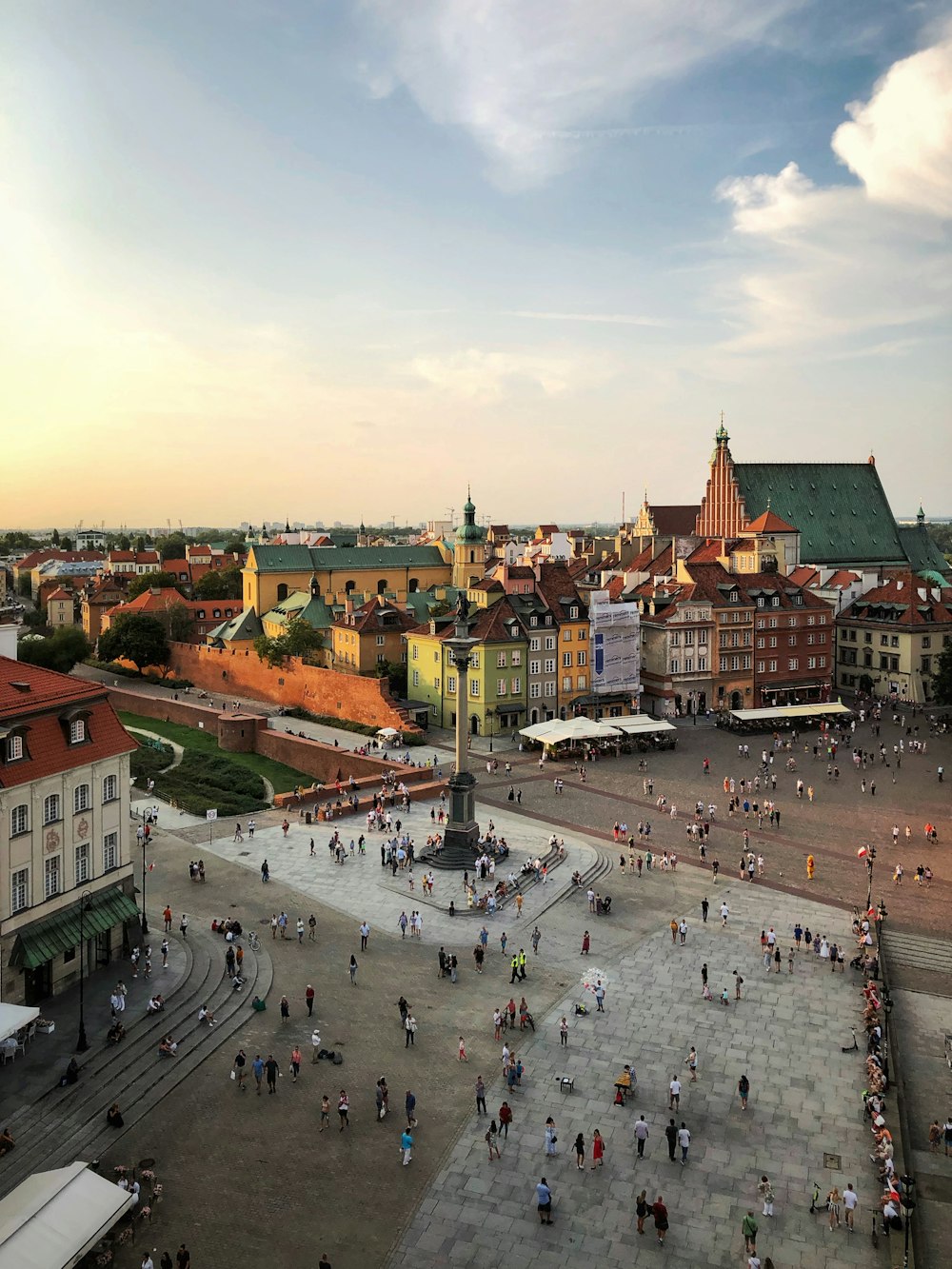 aerial photograph of people walking on town square