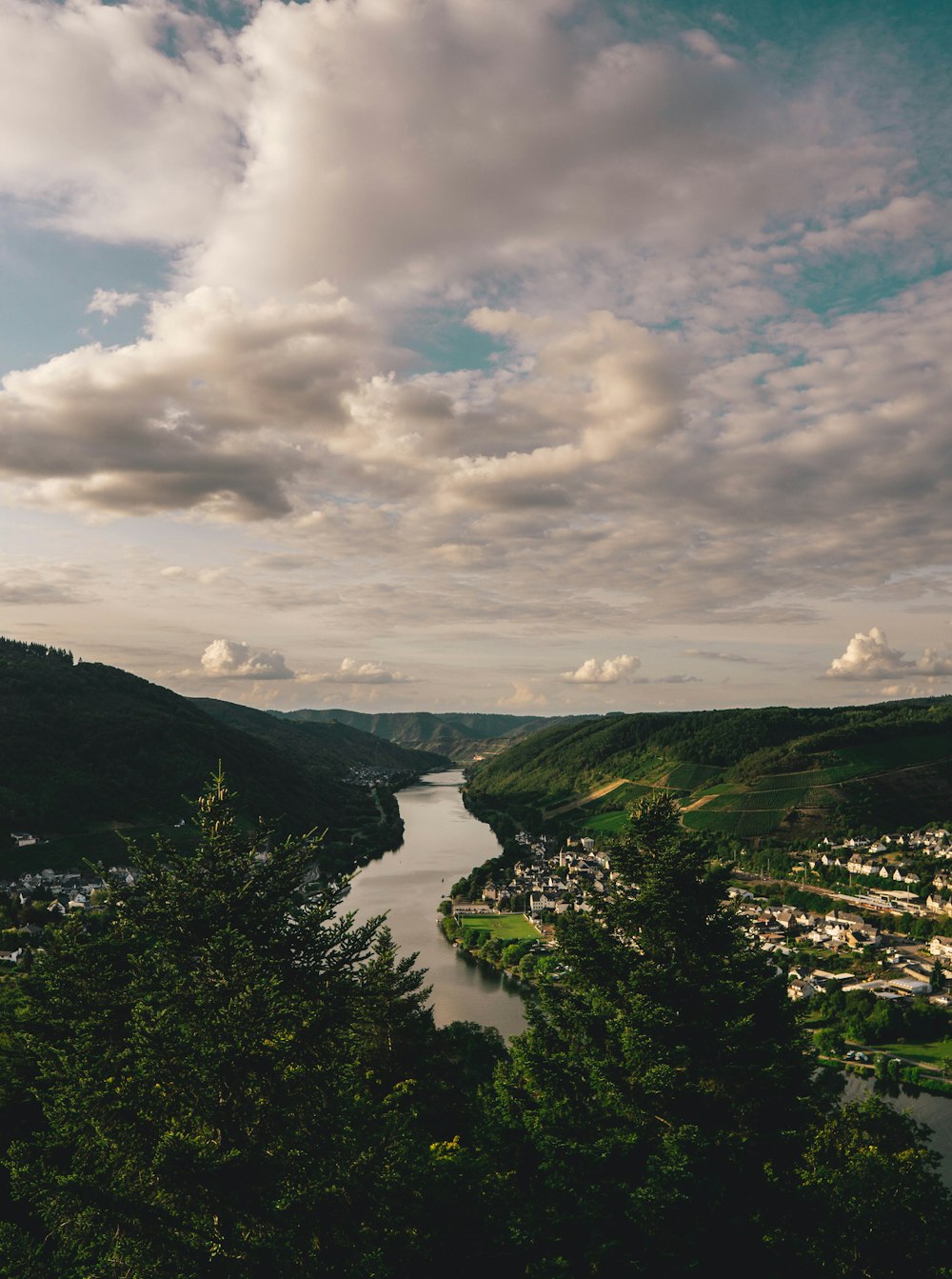 aerial view of lake under cloudy sky