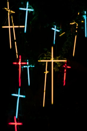 Colorful 90s-inspired neon and pixel art blending geek culture and subtle Christian symbols.