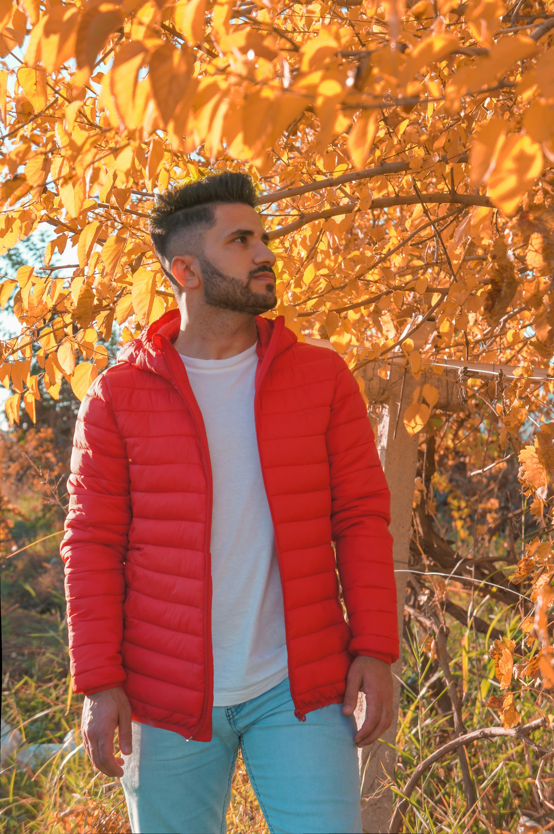 A stylish man wearing a cozy autumn jacket paired with a scarf, standing against a backdrop of colorful fall leaves.