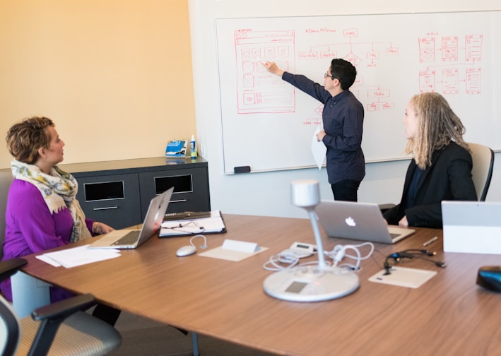 man in black dress shirt writing on dry-erase board