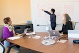 Three people are in a meeting room. One person is standing and pointing to a whiteboard filled with diagrams and flowcharts, while the other two are seated at a table with laptops and notebooks. The atmosphere appears focused and collaborative.
