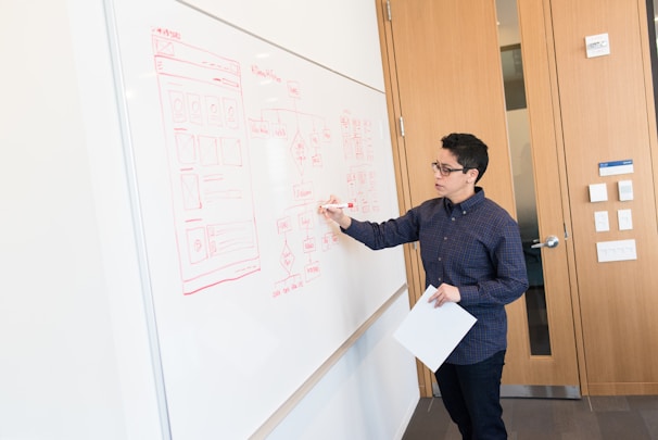 A person stands in front of a large whiteboard with a diagram and notes sketched in red marker. They are holding a piece of paper and appear to be explaining or presenting the information on the board. The setting looks like a professional office space with wooden doors in the background.
