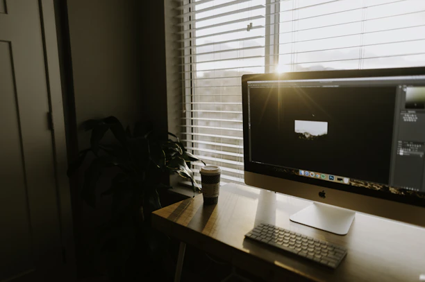 Close-up of hands typing on a sleek keyboard with a cup of coffee and fresh green plant nearby, bathed in warm yellow light.