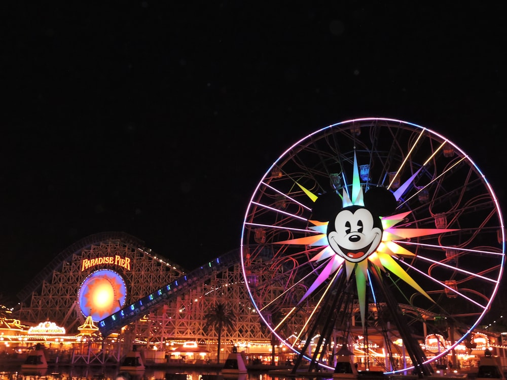 multicolored Mickey Mouse ferries wheel at night time