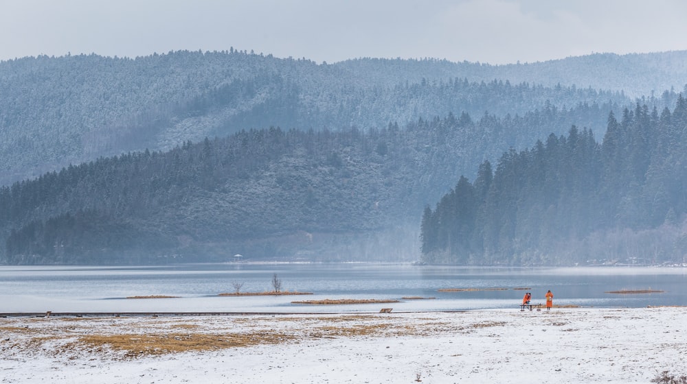 two person on shore near mountain during daytime