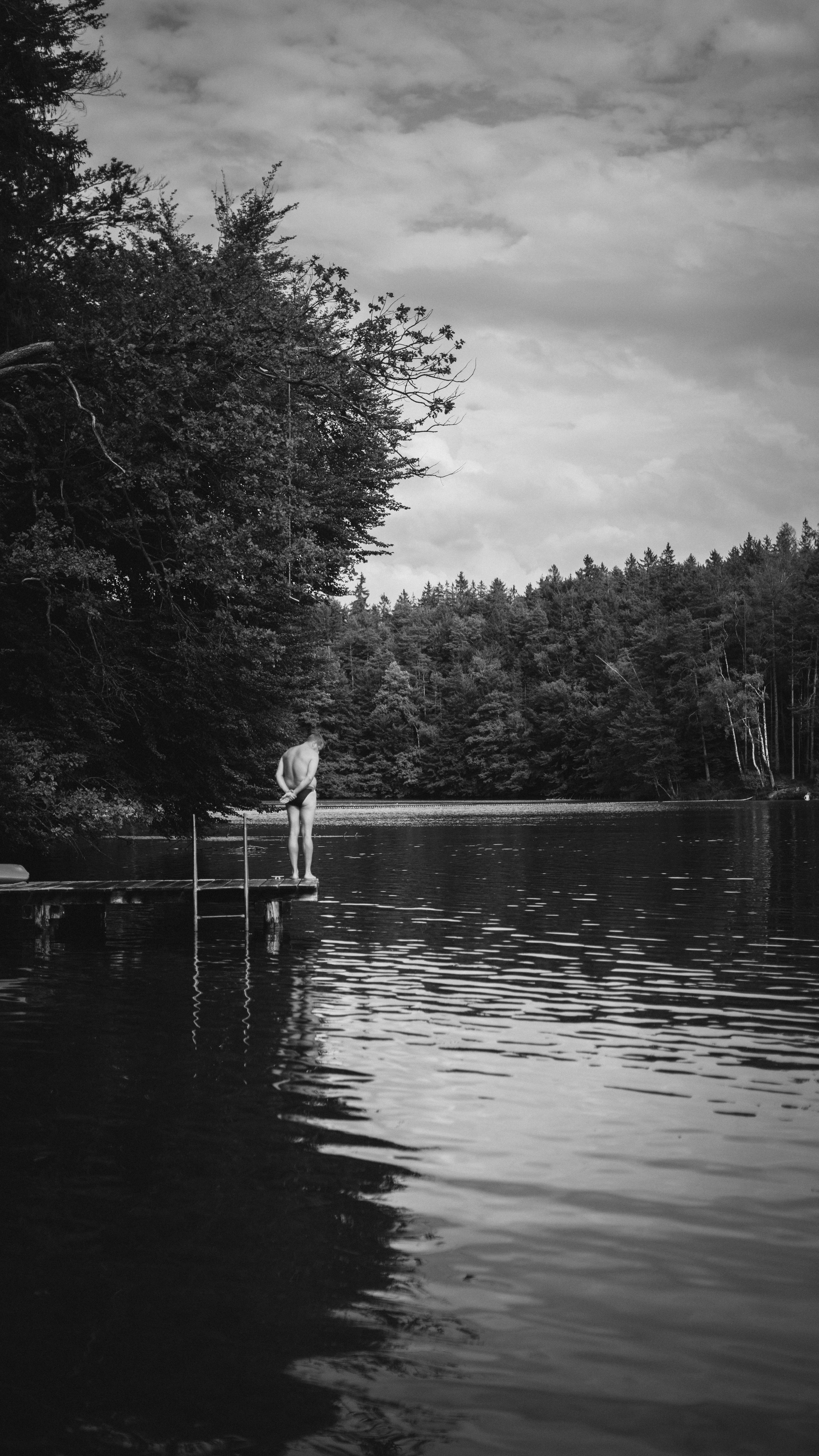 grayscale photo of trees near body of water under cloudy sky