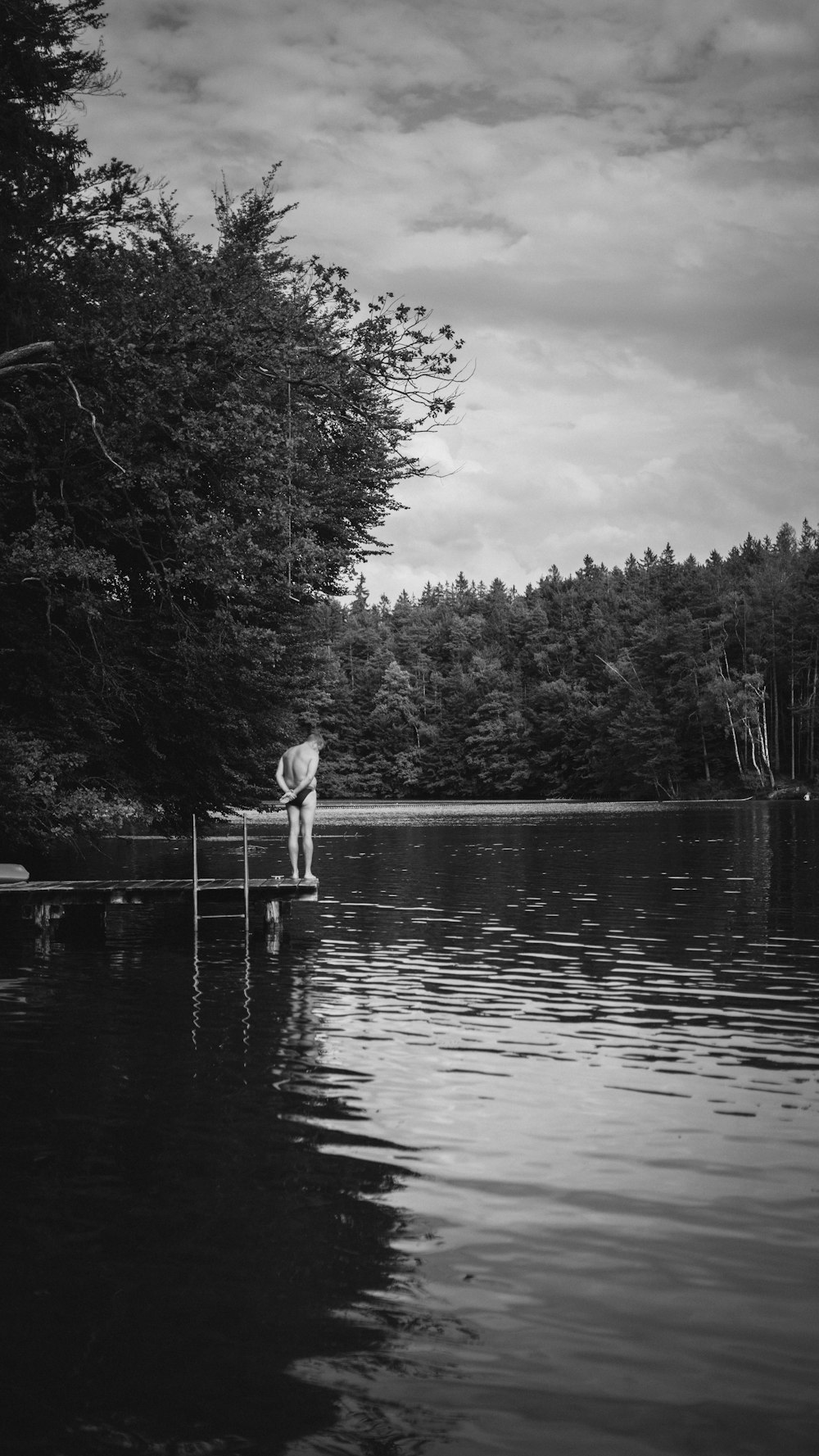 grayscale photo of trees near body of water under cloudy sky