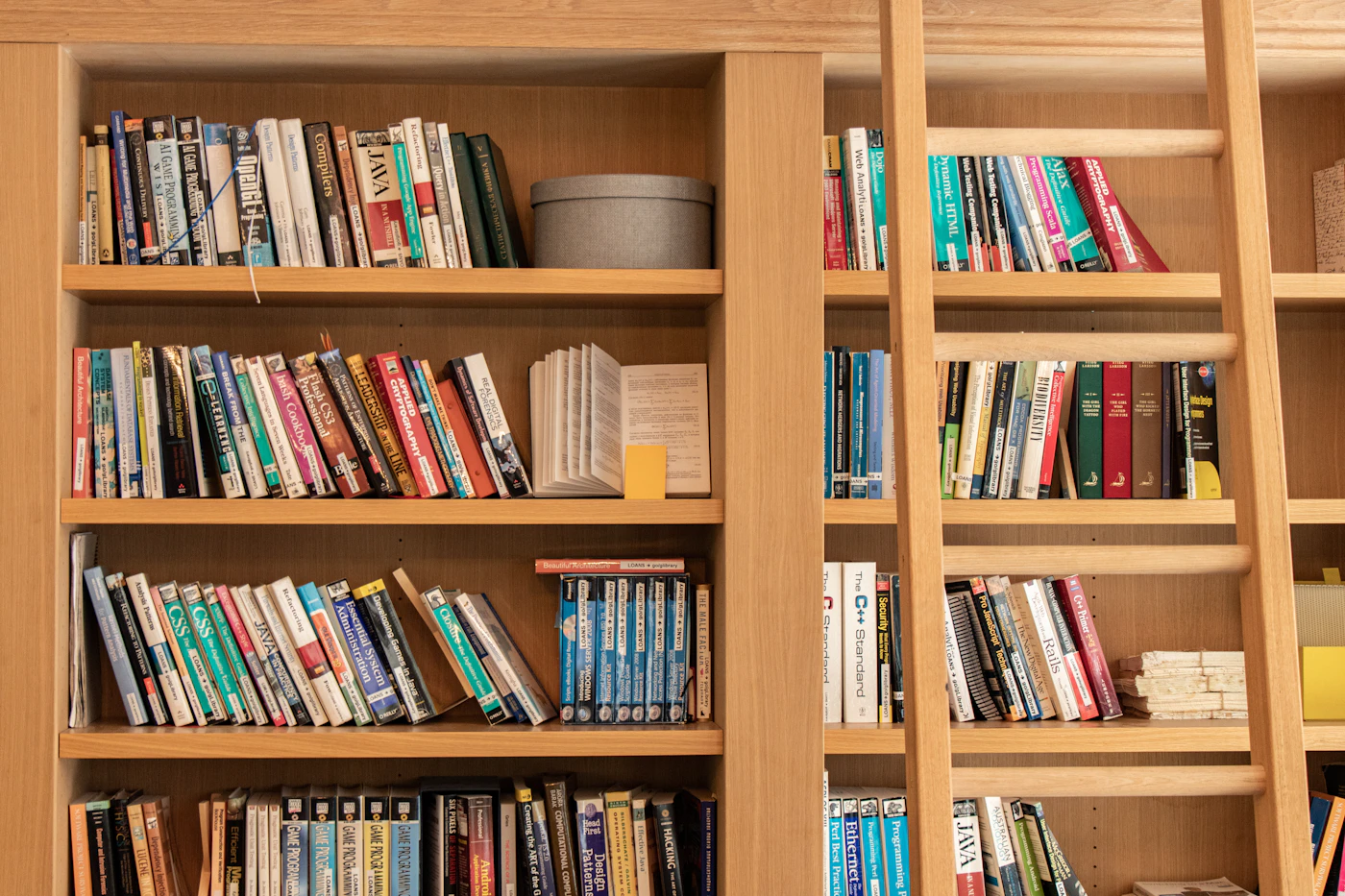 Ladder against a tall wooden bookshelf