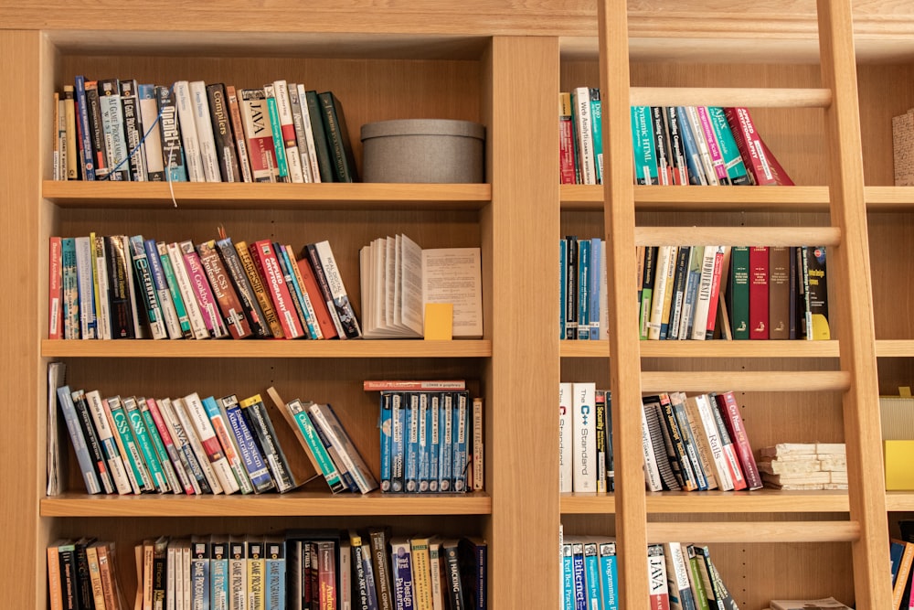 ladder on brown wooden bookshelf