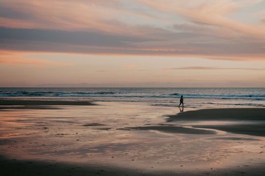 silhouette of person walking on seashore during golden hour in Costa da Caparica Portugal