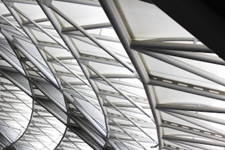 The image features the intricate architecture of a large, modern roof structure composed of steel beams and glass panels. The beams form a geometric pattern, creating an aesthetic interplay of lines and angles. Sunlight softly filters through the glass, creating a bright and airy ambiance.