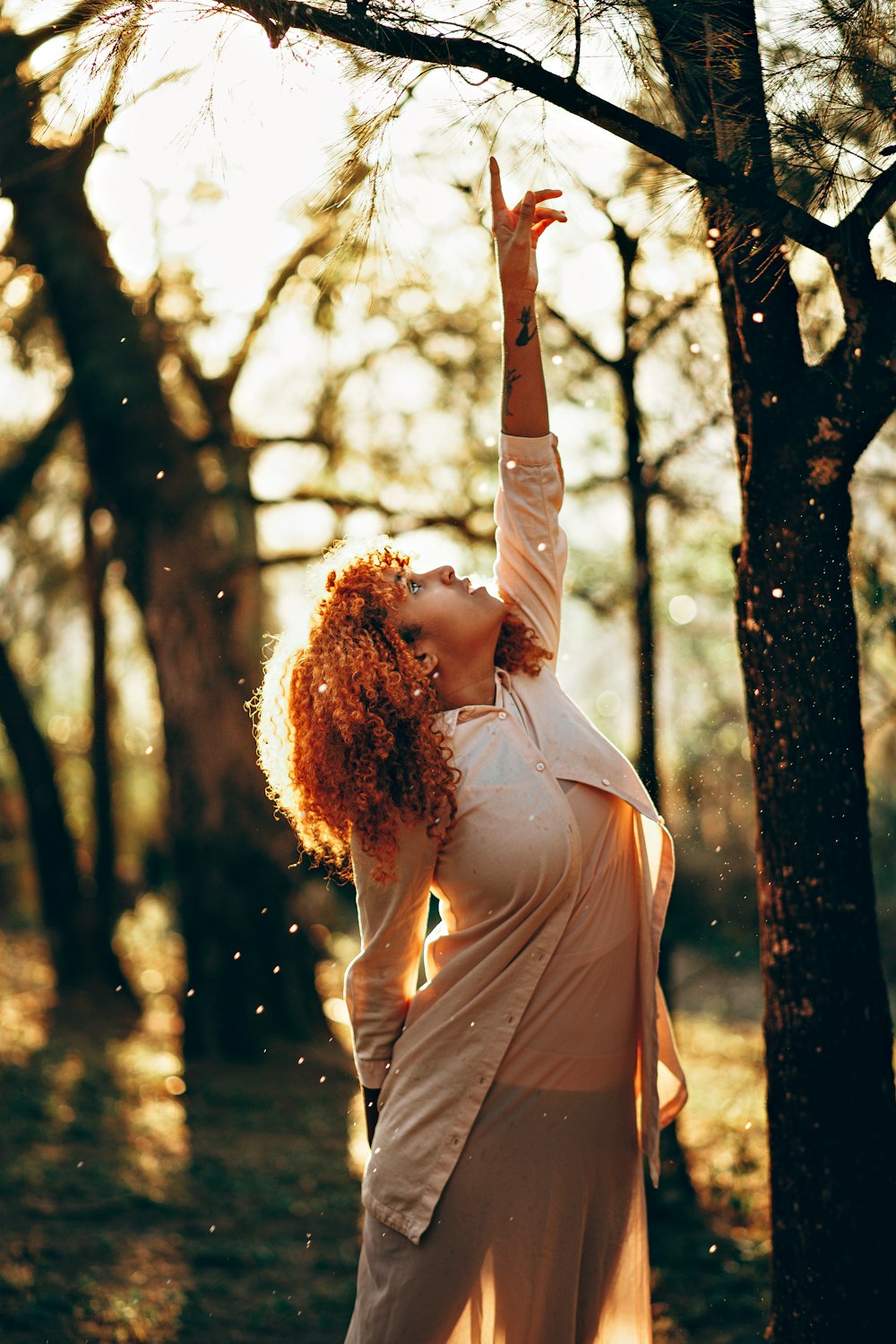 woman wearing brown blouse standing beside bare trees