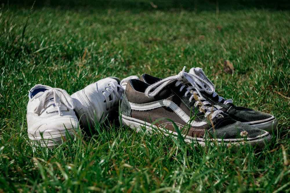 two pairs of black and white low-top sneakers on grass field