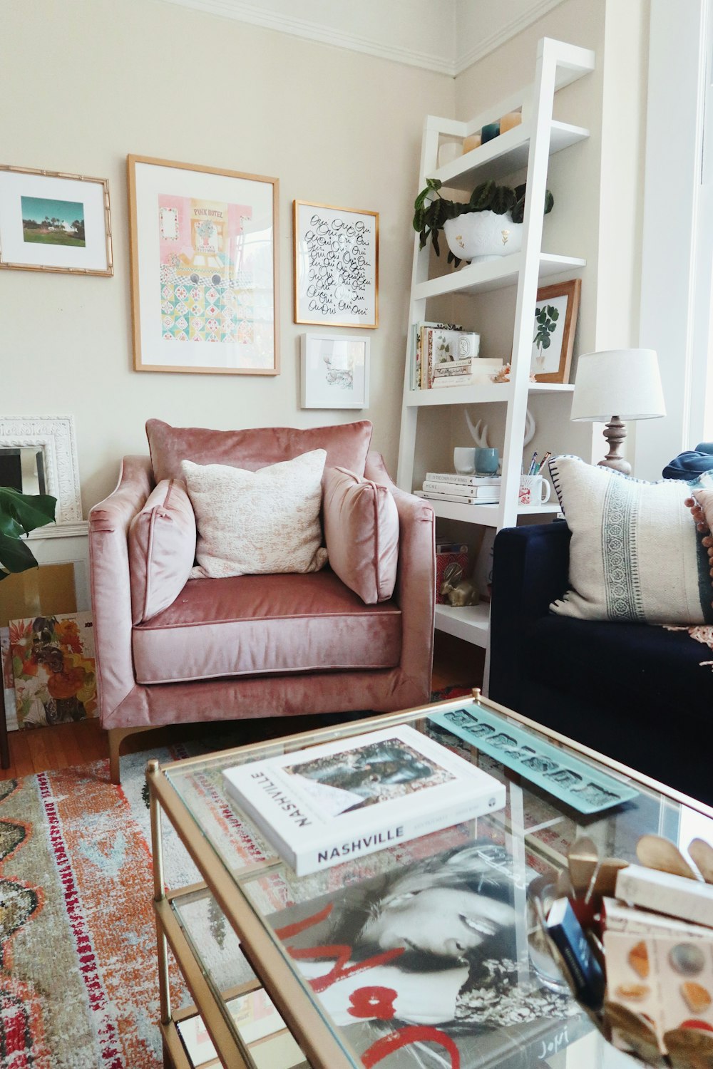 Nashville book on glass coffee table near couch in living room