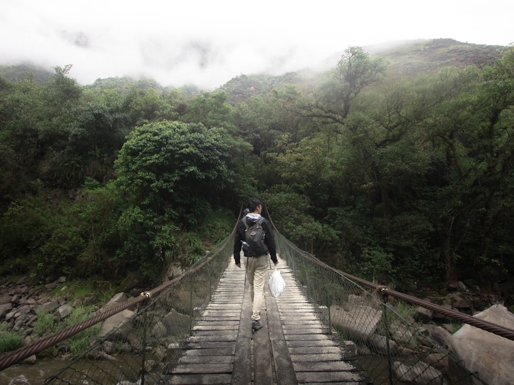 person walking on wooden bridge during daytime