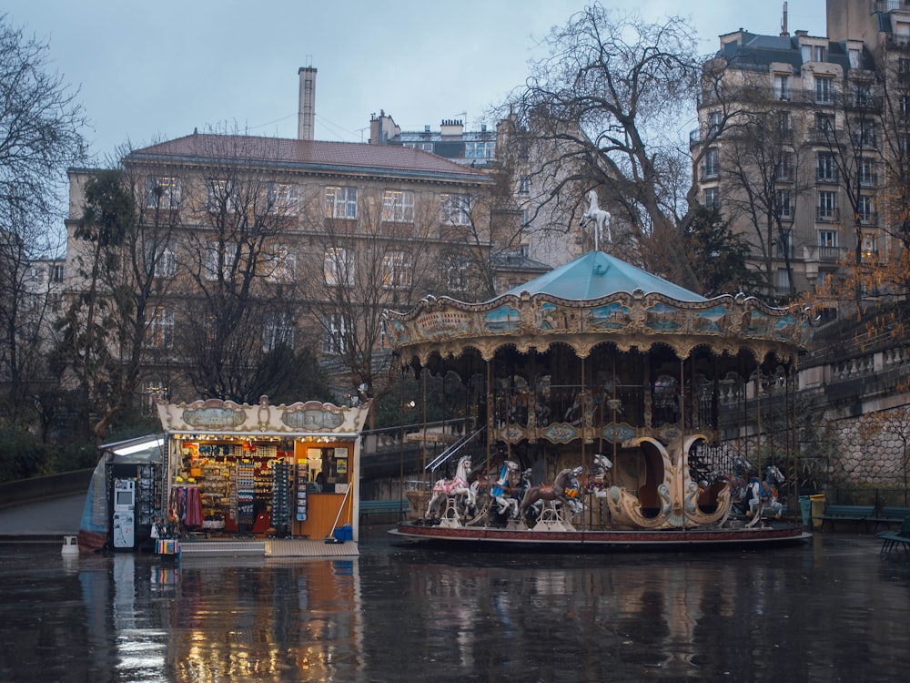brown and blue carousel ride near body of water viewing historic buildings during daytime